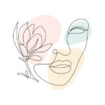 Visage de femme avec une fleur de magnolia en dessin en ligne continue. Beau portrait dans un style linéaire isolé sur fond blanc. Illustration vectorielle avec des formes colorées libres